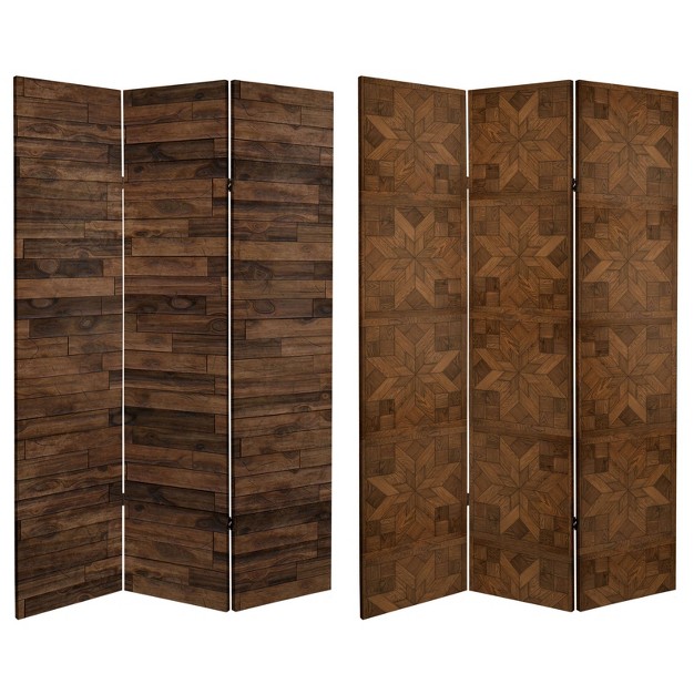 Double Sided Walnut Wood Pattern Canvas Room Divider Brown Oriental Furniture