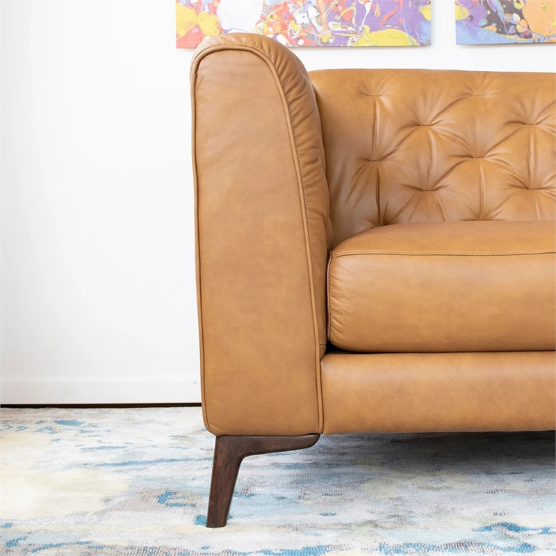 Flore Mid Century Modern Chesterfield Genuine Leather Sofa in Cognac Tan   Midcentury   Sofas   by Homesquare  Houzz