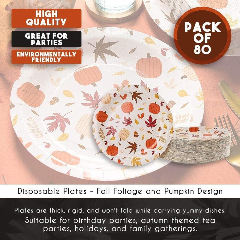 80 Count Disposable Paper Plates  Fall Foliage and Pumpkin Design  9 x 9 Inches
