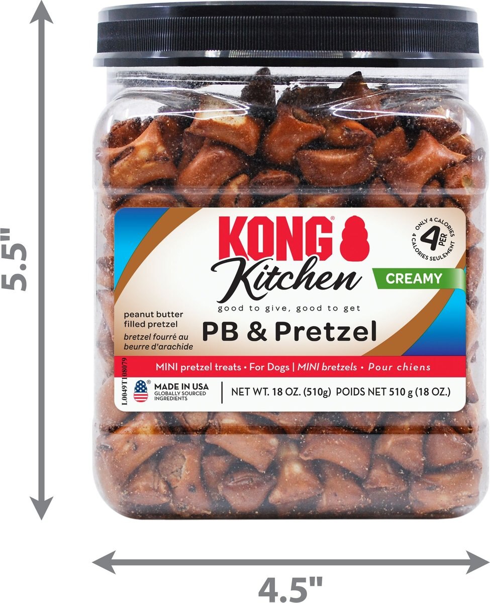 KONG Kitchen Natural Peanut Butter and Pretzel Crunchy Dog Treats， 18-oz tub