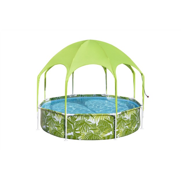 H2ogo Kids Splash in shade 8 foot Round Steel Frame Above Ground Pool With Water Mister And Canopy Sunshade Green Tropical Leaf Print