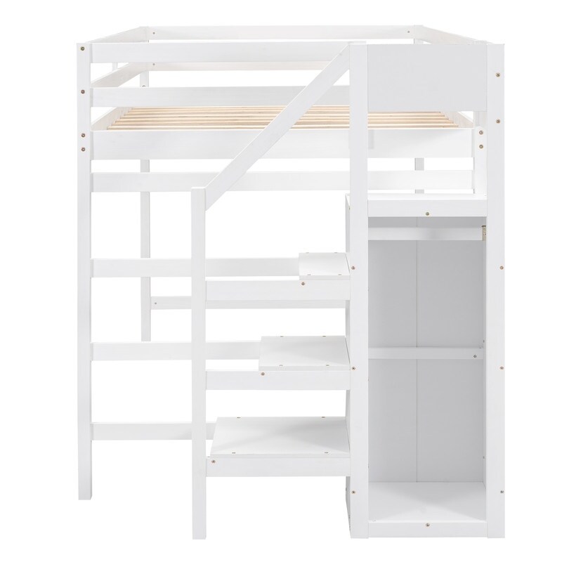 Modern Wooden Full Size Loft Bed with Built in Storage Wardrobe and Staircase