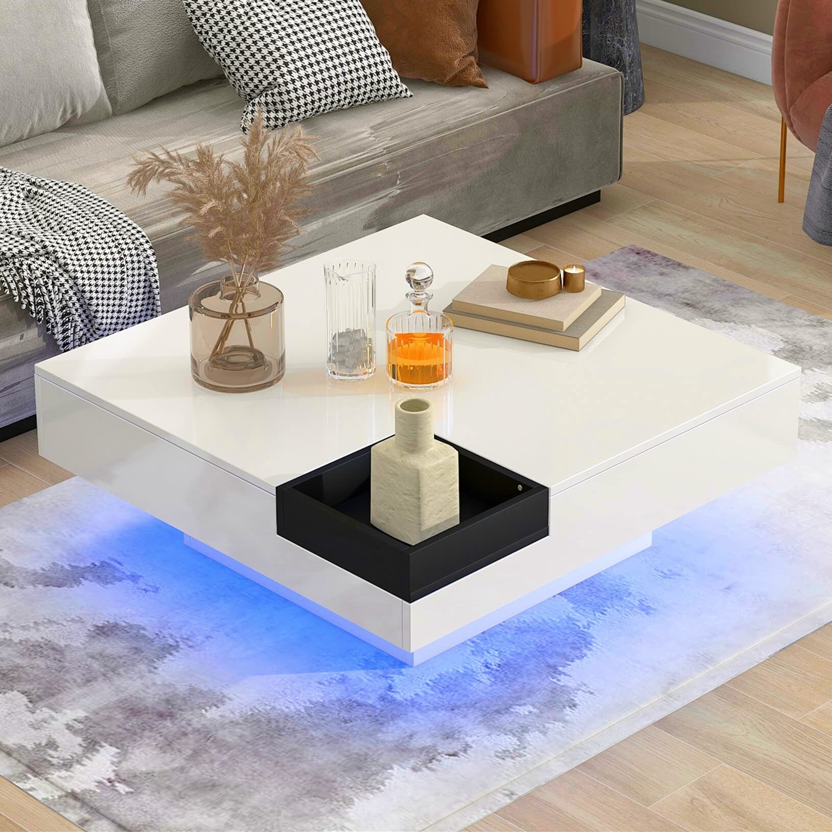 LED Coffee Table for Living Room High Gloss Square Wooden Center Table with 16-Color LED Light Modern Elegant Cocktail