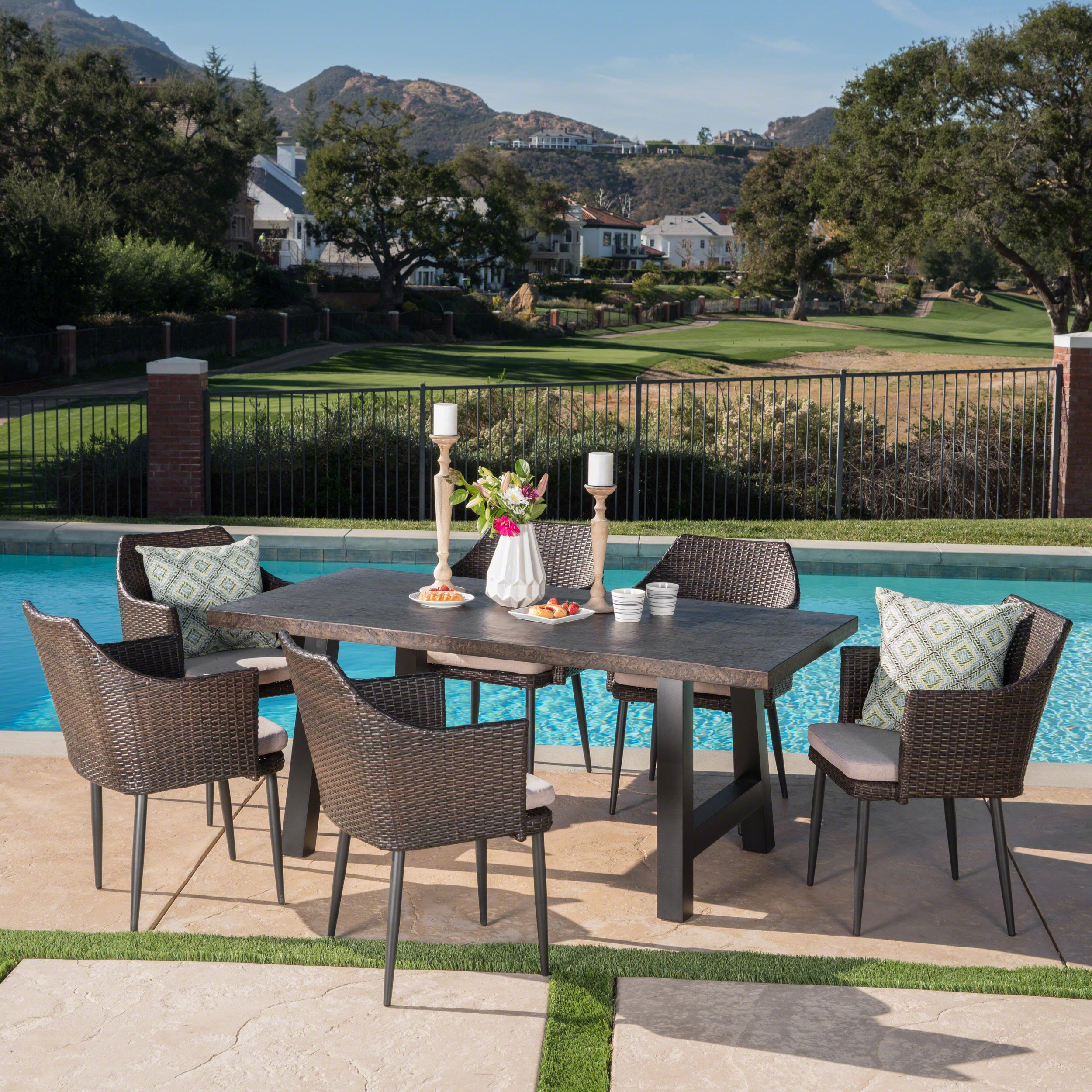 Noah Outdoor 7 Piece Wicker Dining Set with Light Weight Concrete Dining Table