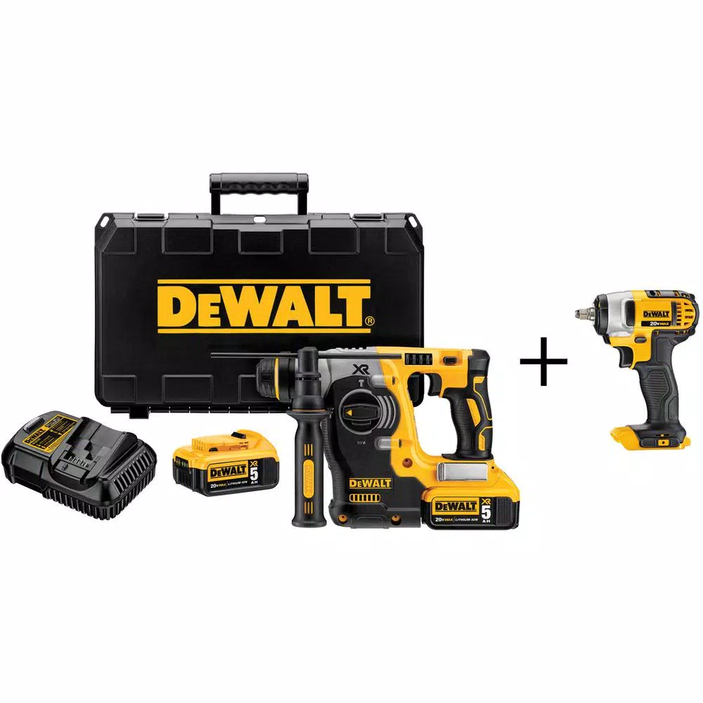 DEWALT 20-Volt MAX XR Brushless 1 in. SDS Plus L-Shape Rotary Hammer， (2) 20-Volt 5.0Ah Batteries and 3/8 in. Impact Wrench and#8211; XDC Depot