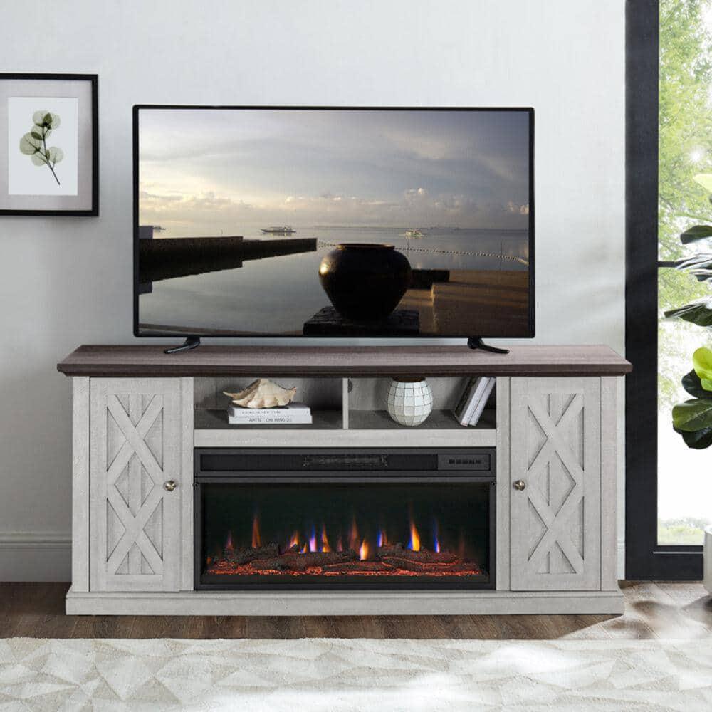 FESTIVO 68 in Freestanding Electric Fireplace TV Stand in Saw Cut Off White with Dark Desktop