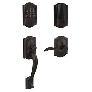 Schlage Camelot Aged Bronze Encode Smart Wi-Fi Deadbolt with Alarm and Camelot Handle Set with Accent Handle with Camelot Trim BE489WBCAM716 FE285GCAM716ACCCAM