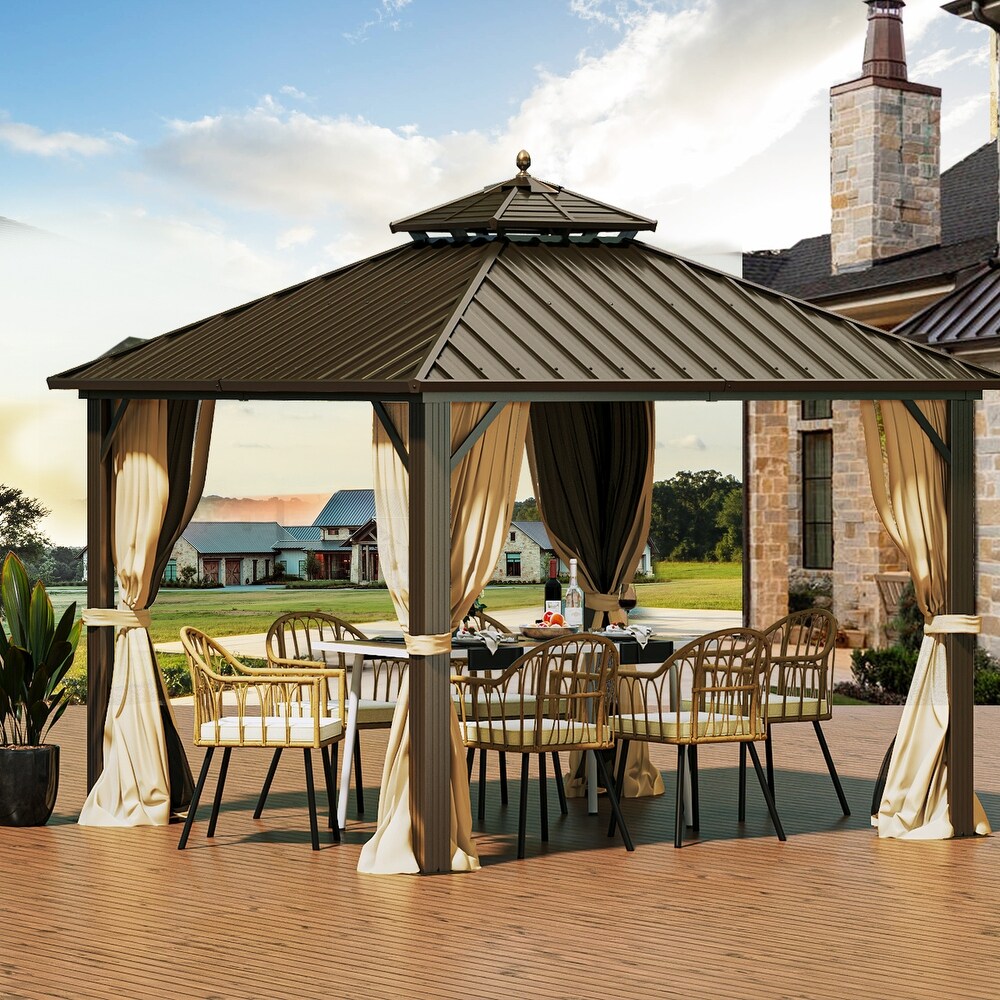 Outdoor Aluminum Hardtop Gazebo With Nettings And Curtains