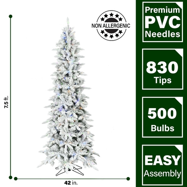 Fraser Hill Farm 7.5Ft. Slim Mountain Pine Flocked Christmas Tree with Multicolor LED Lights