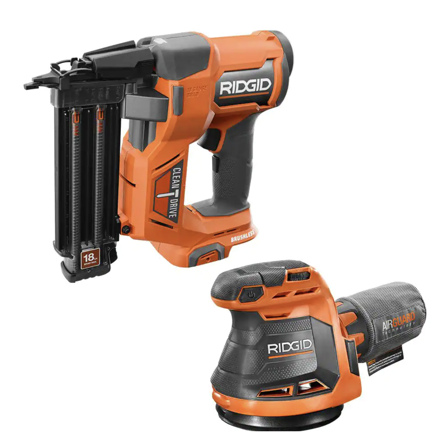 Ridgid 18V Brushless Cordless 18-Gauge 2-1/8 in. Brad Nailer with 18V Cordless 5 in. Random Orbit Sander， Tools Only (R09891B-R8606B)