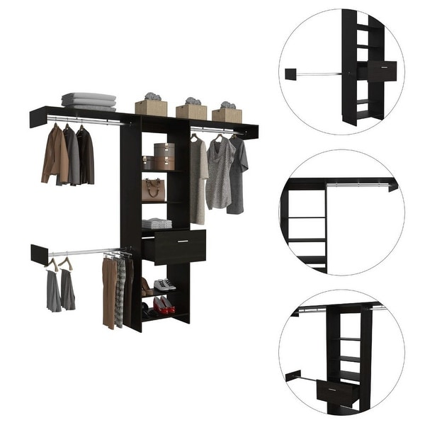 Simple Style Open Wordrob with 5 Shelves and 1 Drawer， 2 Hanging Rob Included - - 37938158