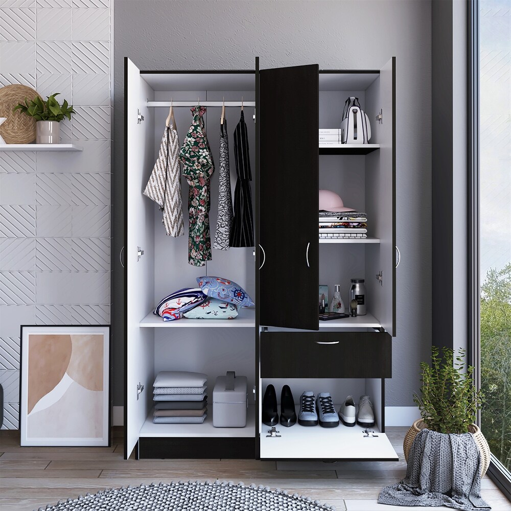 Double Door Armoire with 1 Drawer  5 Interior Shelves and Rod