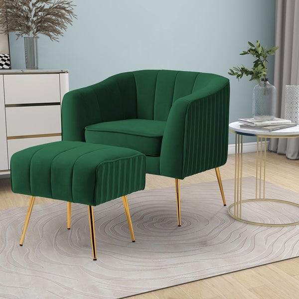 Modern Velvet Barrel Arm Accent Chair with Ottoman