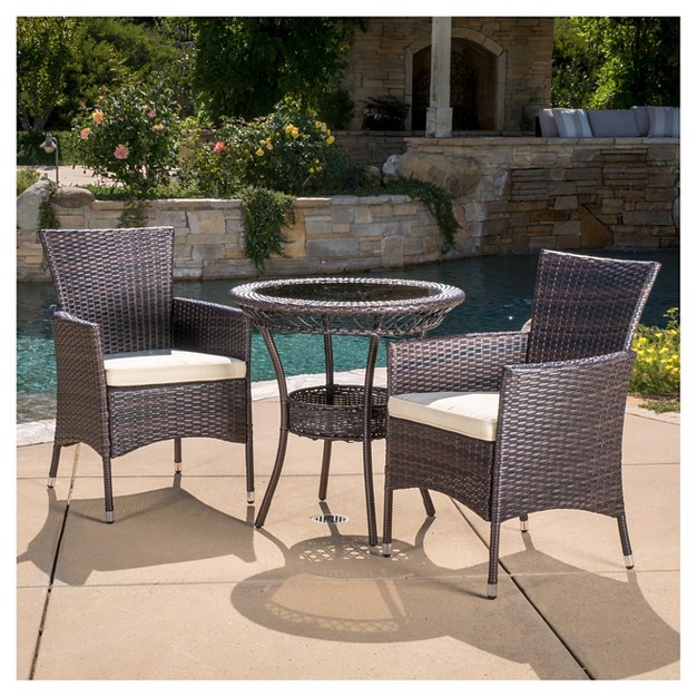 Parker 3 piece Wicker Patio Bistro Seating Set With Cushions Brown Christopher Knight Home