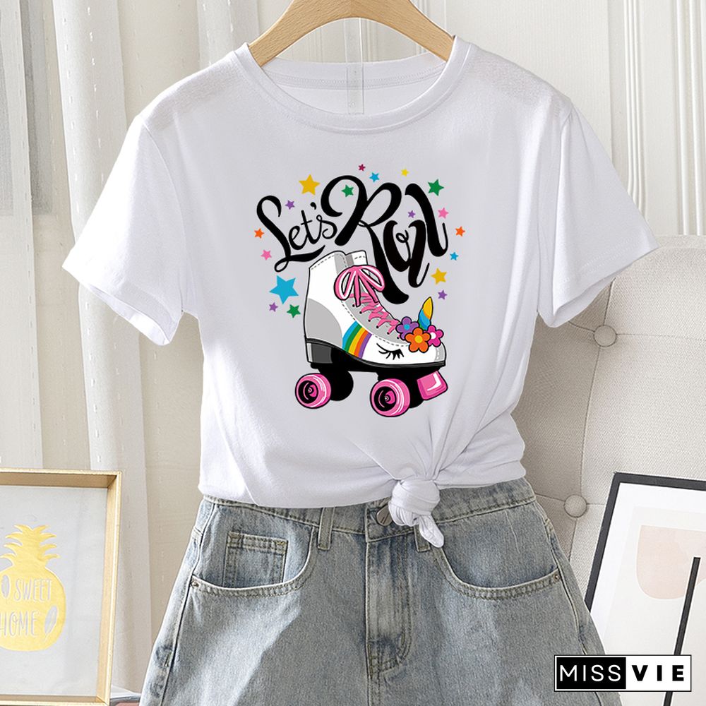 Summer Casual Women T-shirt Graphic Fashion Vintage Short Sleeve Letter Star Skate Print Ladies Regular T Shirt O-Neck Tees Tops