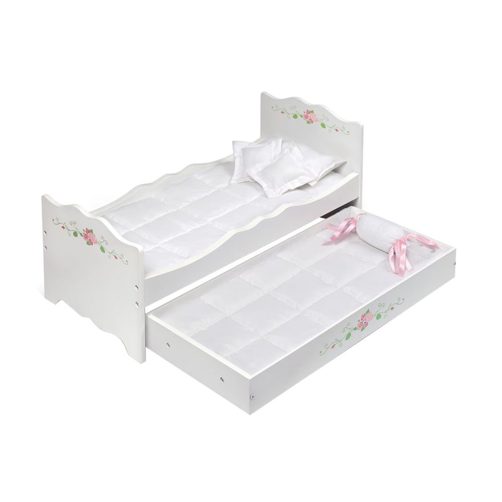 Badger Basket Doll Bed with Trundle and Bedding - White Rose - Fits American Girl, My Life As and Most 18 Dolls