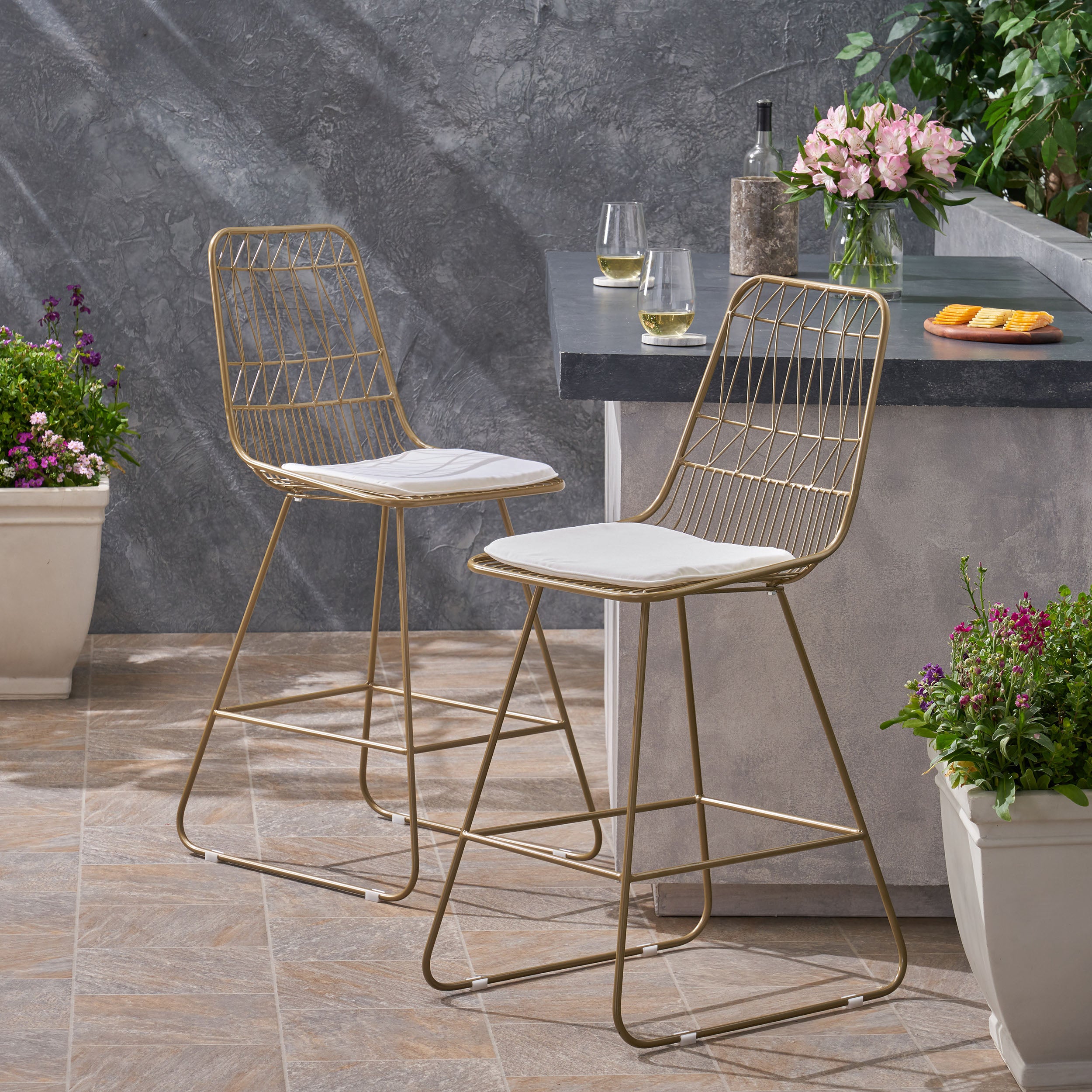 Hedy Outdoor Wire Counter Stools with Cushions (Set of 2)