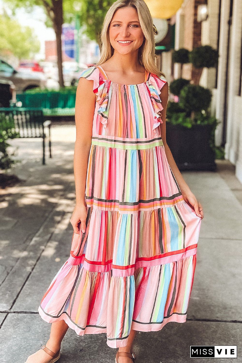 Pink Rainbow Stripe Ruffles Ruched Tiered Dress