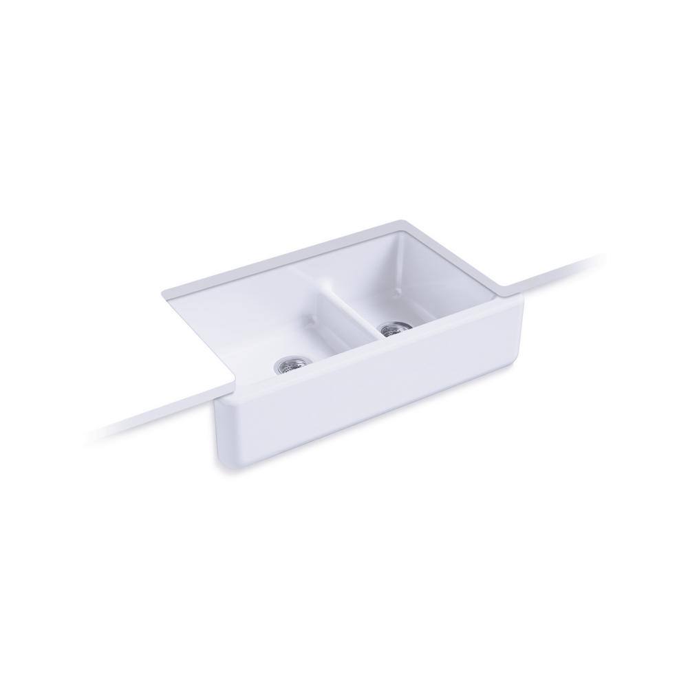 KOHLER Whitehaven Smart Divide Self-Trimming Farmhouse Apron Front Cast Iron 36 in. Double Bowl Kitchen Sink in White K-6427-0