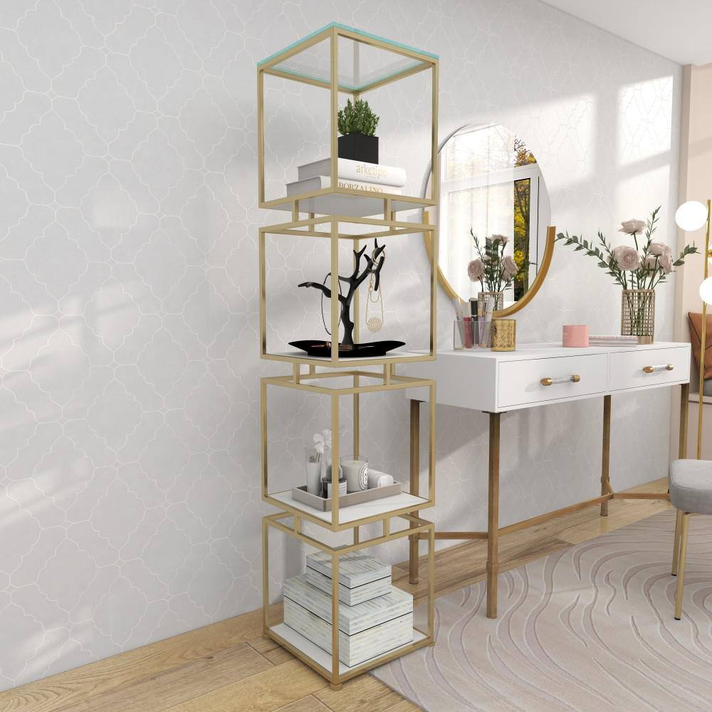 Litton Lane Metal Stationary Gold Cube Shelving Unit with 4 Marble Shelves 040244