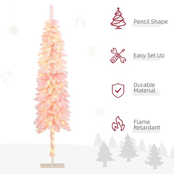 HOMCOM 6ft Tall Pencil Prelit Artificial Christmas Tree Holiday Décor with 703 Snow Flocked Branches，Pink