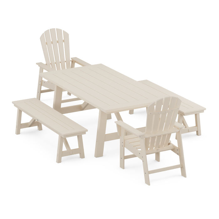 Polywood South Beach 5-Piece Rustic Farmhouse Dining Set With Benches PWS1101-1