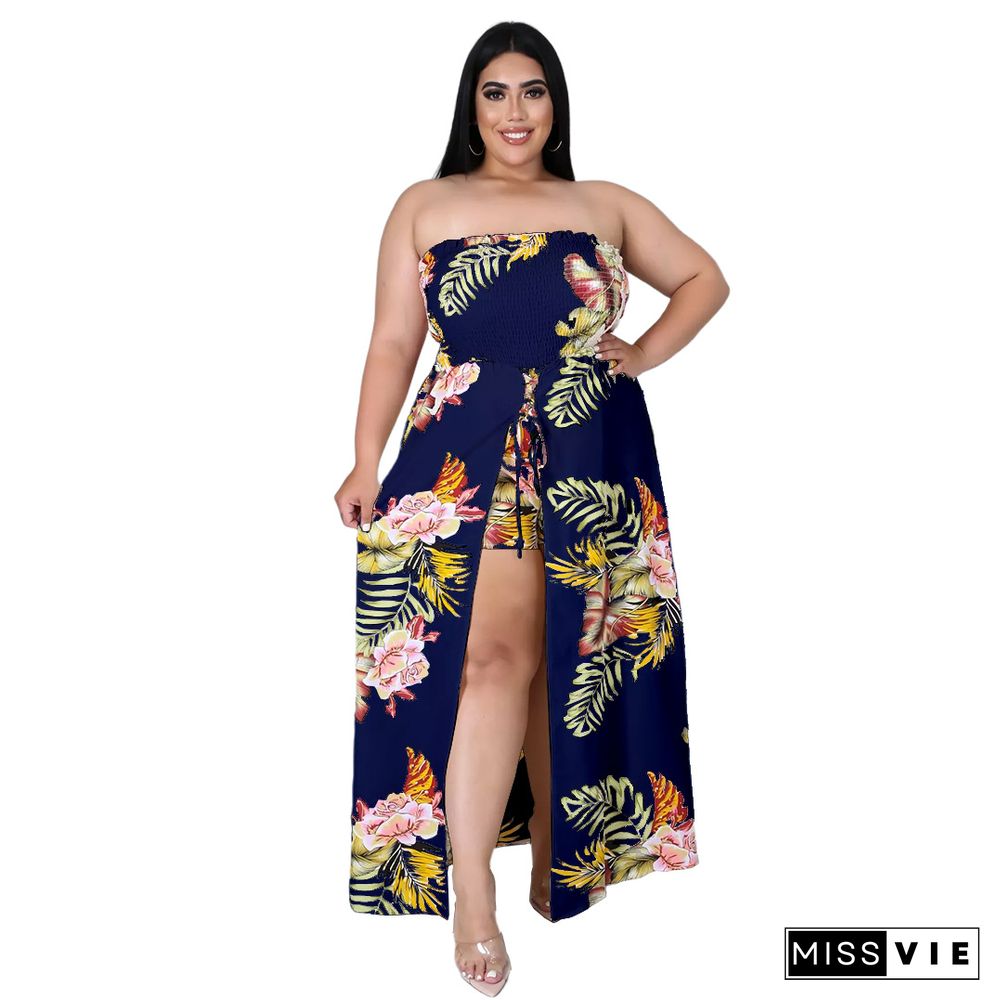 Summer Plus Size Women Clothing Floral Print Elastic Waist Beach Casual One Piece Split Jumpsuit