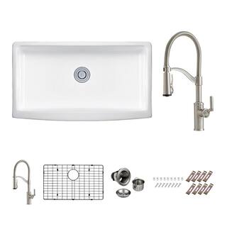 PELHAM  WHITE Kingsbridge Fireclay 32.5 in. Single Bowl Farmhouse Apron Kitchen Sink with Farmhouse Faucet Bottom Grid Drain PWS533-C