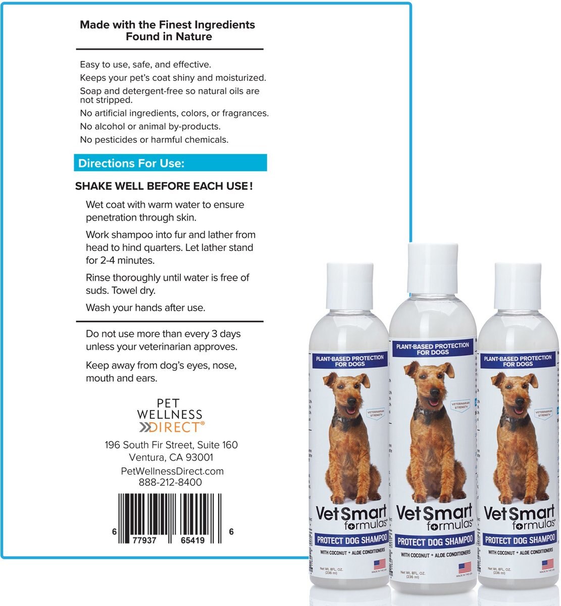 VetSmart Formulas Protect Dog Shampoo， 8-oz bottle， 3 count