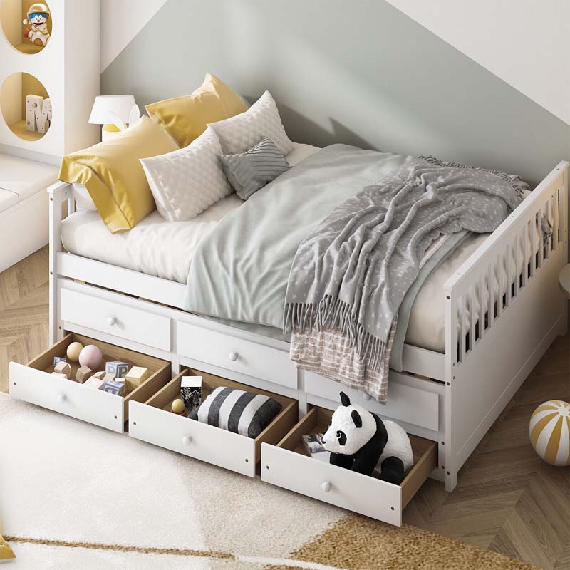 Full Captain's Bed with Trundle Bed & 3 Storage Drawers, Wooden Platform Storage Daybed for Kids Guests Sleepovers