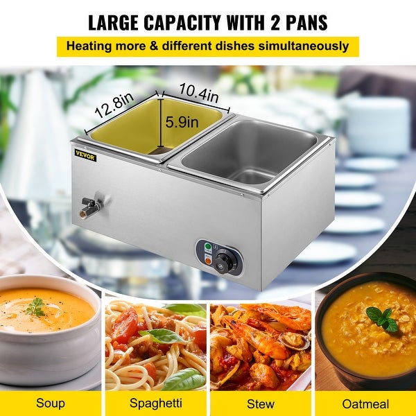 2-Pan Commercial Food Warmer， 1200W Electric Steam Table 15cm/6 in Deep