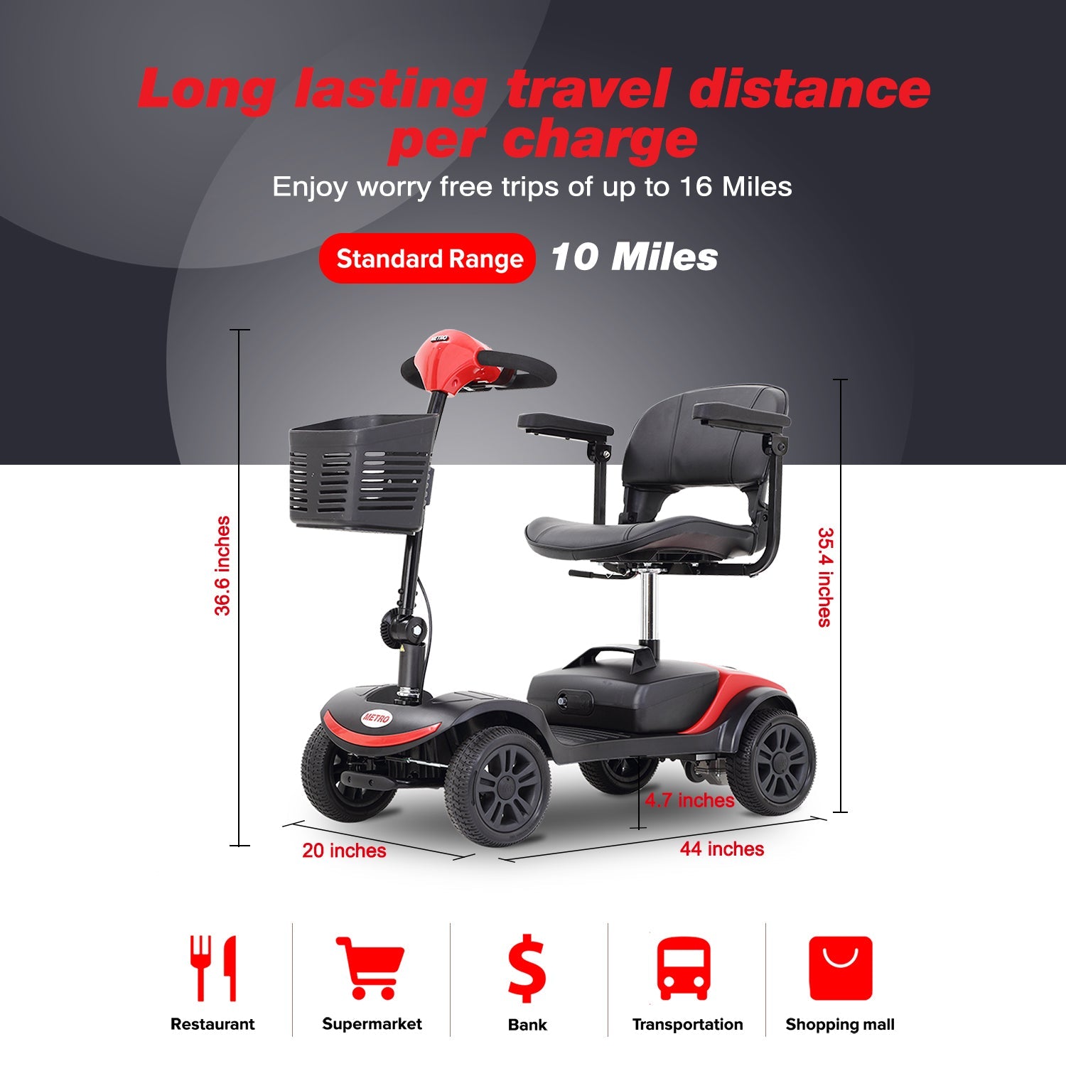 Outdoor Compact Mobility Scooter for Seniors, Foldable Electric Powered Mobile Wheelchair with Basket, 265 LBS Max Weight Capacity, Collapsible & Compact for Travel with Family (Red)