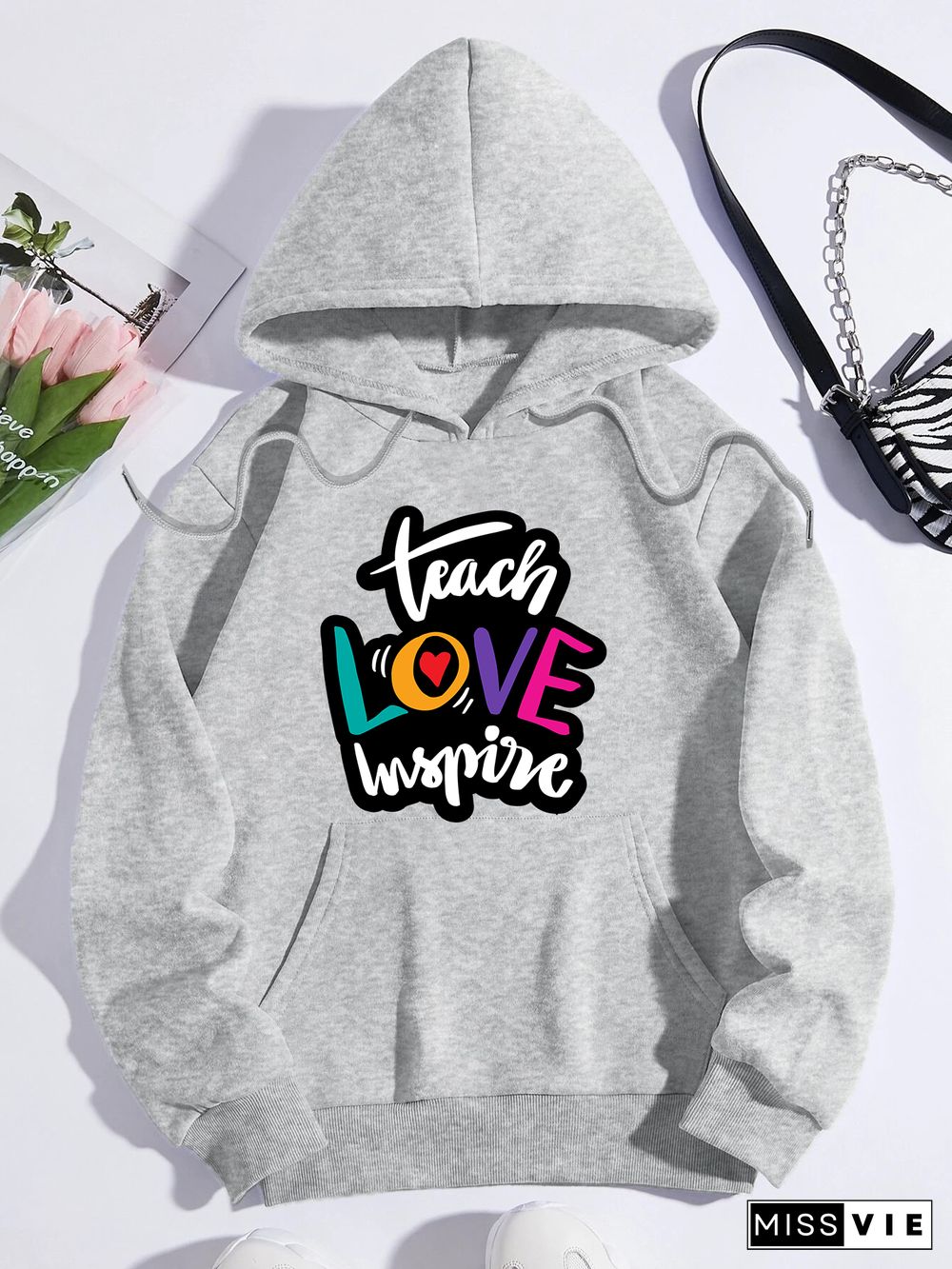 Printed on front Kangaroo Pocket Hoodie Long Sleeve for Women Pattern Teacher love imspure