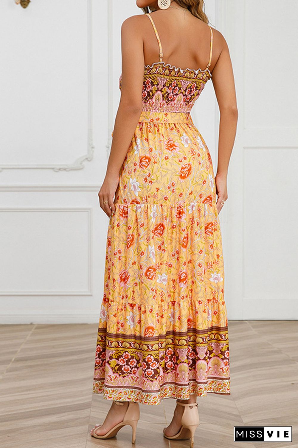 Boho Floral Print Smocked Bandeau Spaghetti Strap Maxi Dress