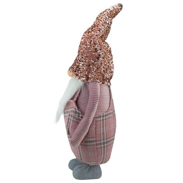 Tall Christmas Gnome Figure with Plaid Overalls Sequin Hat