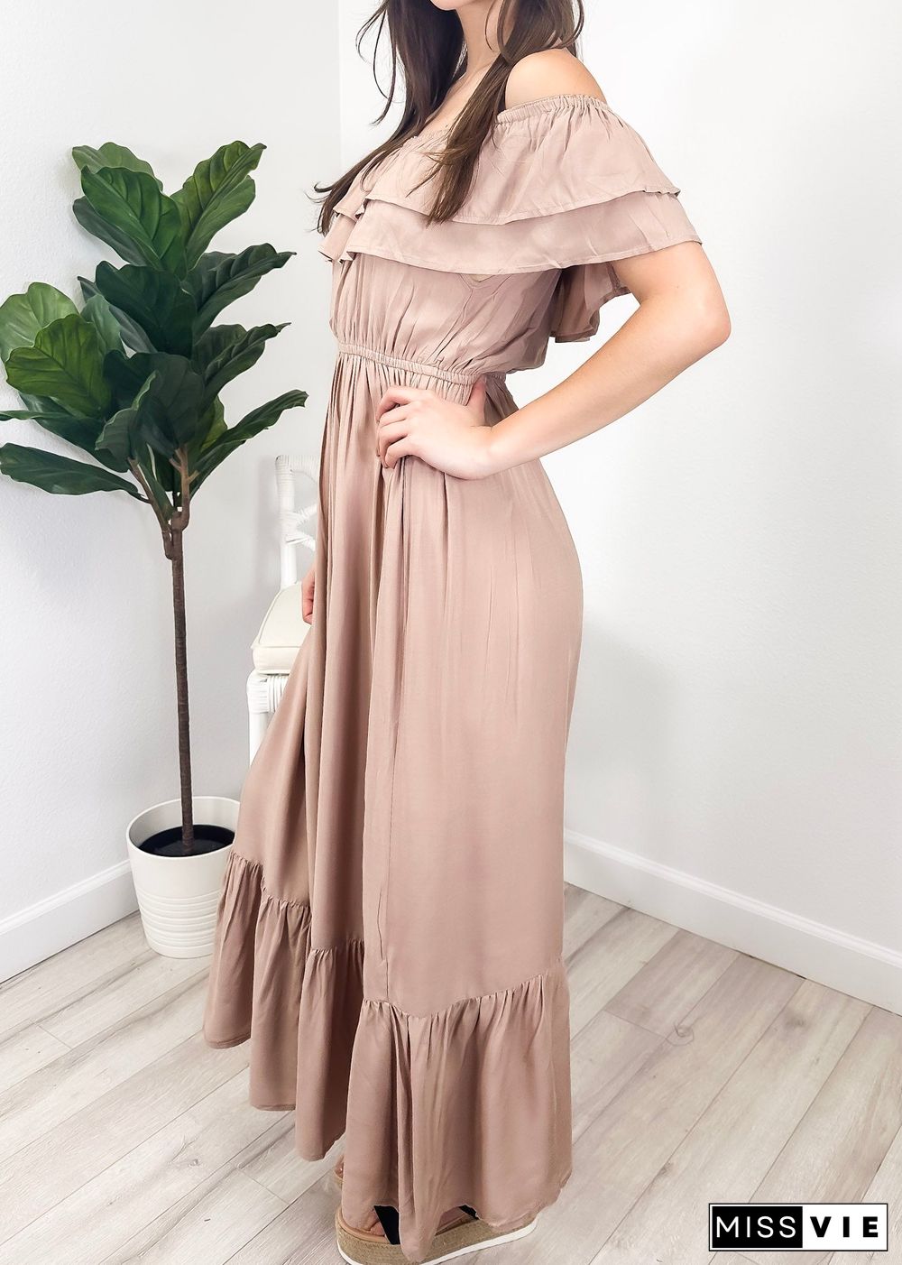 Grecian Ruffle Stretch Maxi Long Dress