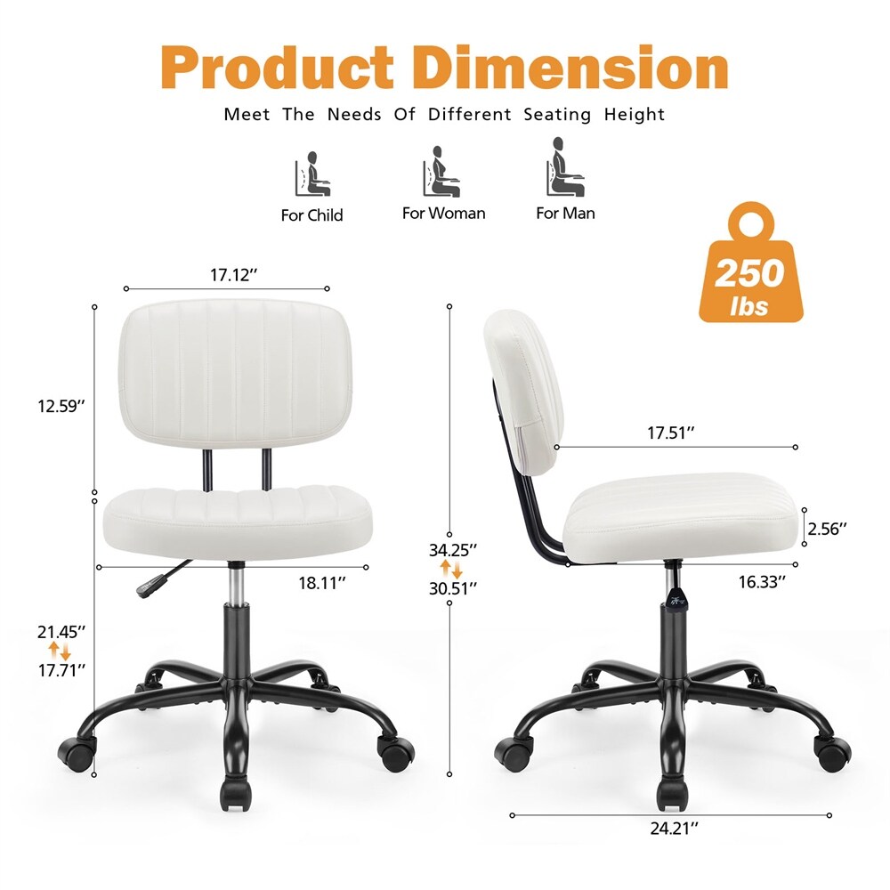 Height Adjustable Leather Low Back Home Office Chair with Wheels   N/A