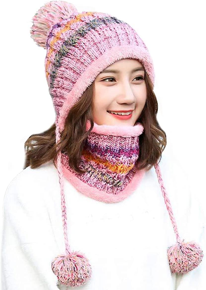 Women Winter Beanie Hat Peruvian Circle Scarf Set Ski Ear Flaps Caps Dual Layered Fleece Lined Pompoms A6-m8771-pink -