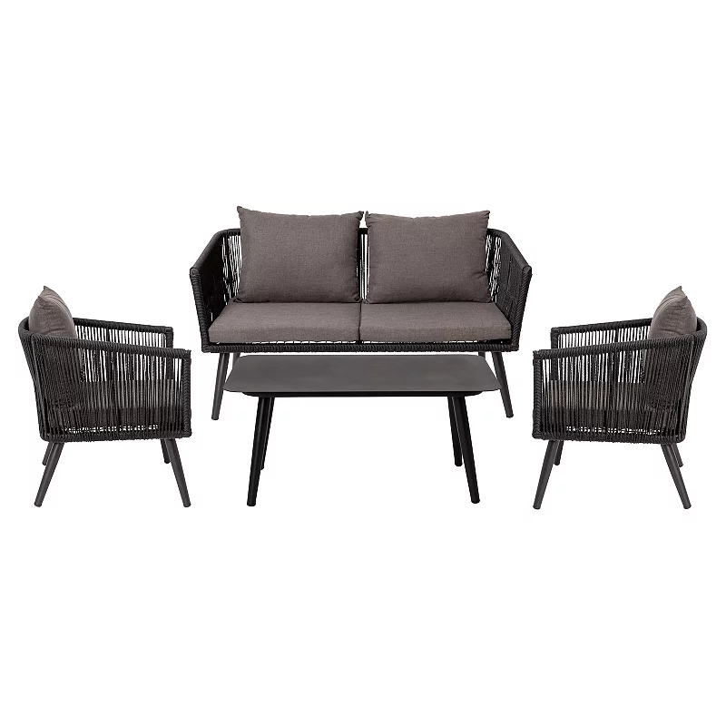 Merrick Lane Magnolia Outdoor Furniture 4 Piece Woven Aluminum Frame Loveseat， 2 Chair and Coffee Table Set With Cushions