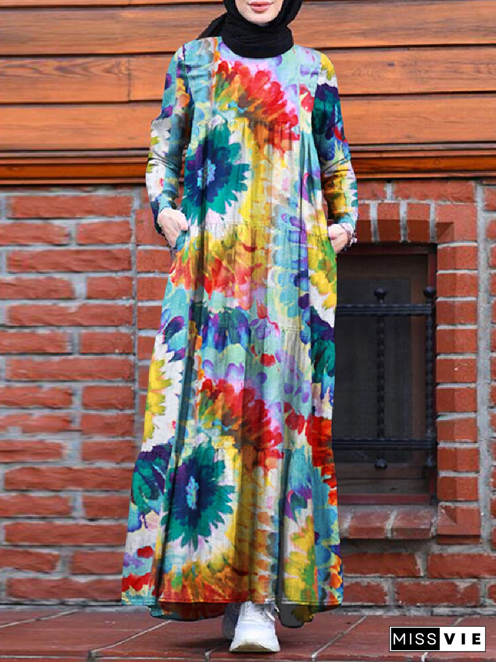 Colorful Calico Print Long Sleeve Dress With Pocket Women