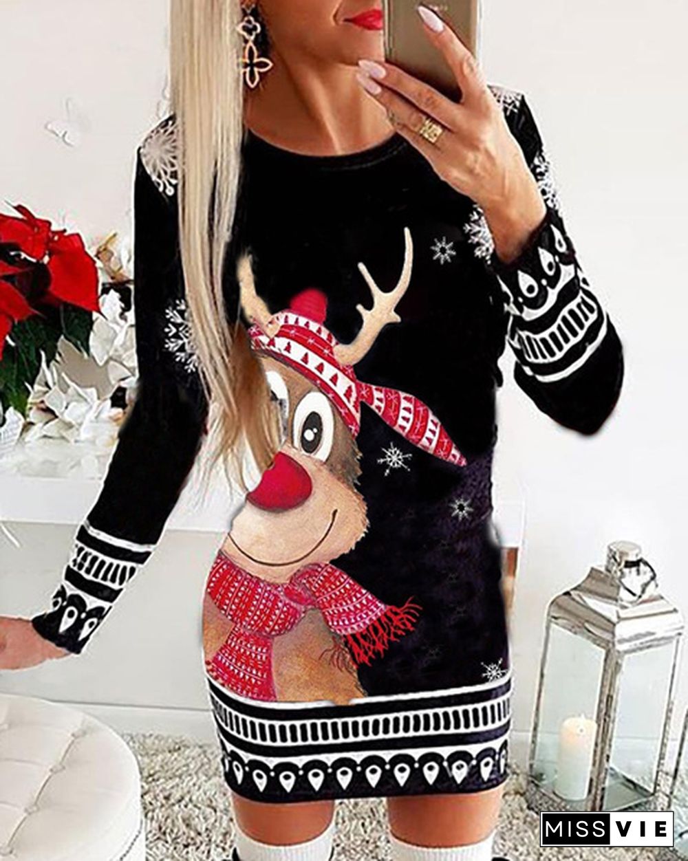 New Women's Fashion Christmas Santa Claus Printing Long Sleeve Dress