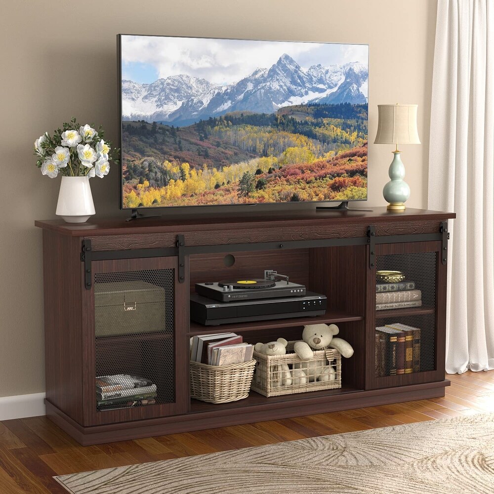 TV Stand up to 65 Inches  Modern Entertainment Center with Sliding Barn Doors and Storage Cabinets  Metal Media TV Table
