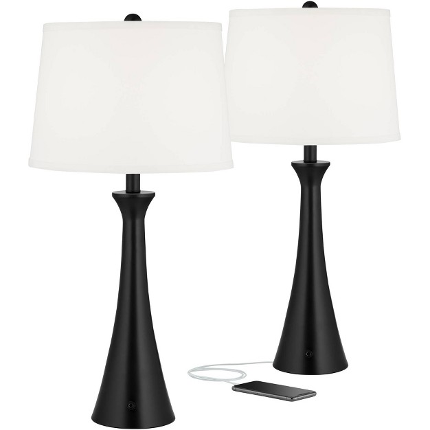 Tall Set Of 2 Black Metal With Usb And Ac Power Outlet In Base White Drum Shade For Bedroom Living Room