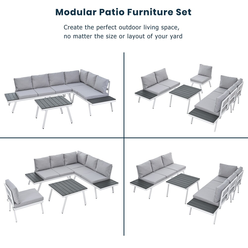 5 Piece Aluminum Outdoor Patio Furniture Set  Modern Garden Sectional Sofa Set with End Coffee Table  for Backyard  Grey