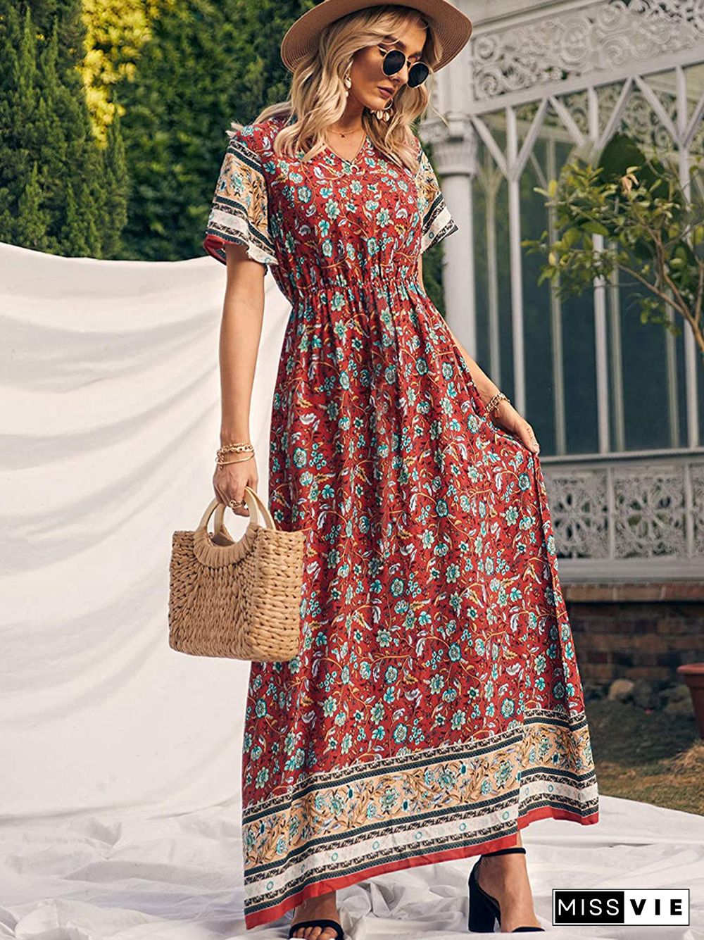 Bohemian Print V-neck Waist Dress Resort Beach Dress