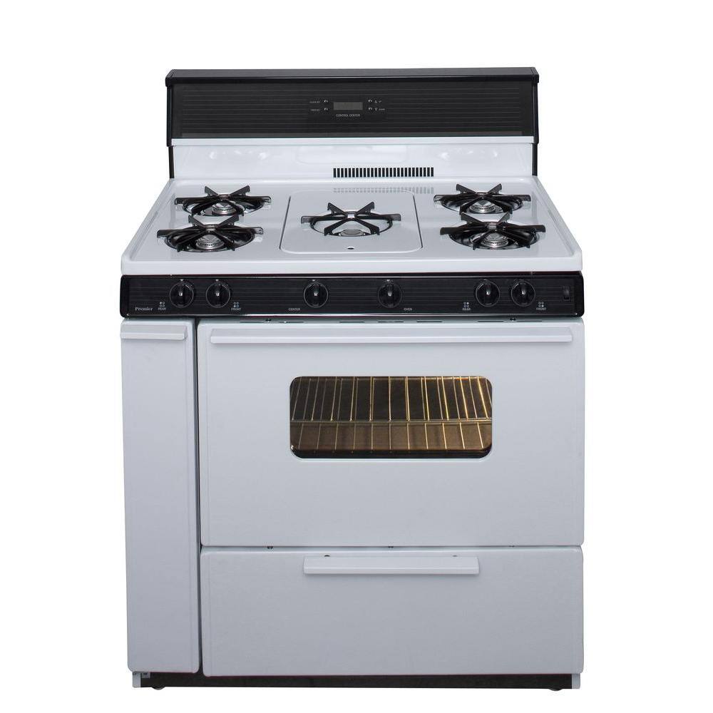 Premier 36 in. 3.91 cu. ft. Freestanding Gas Range with 5th Burner and Griddle Package in White with Black Trim SLK249WP