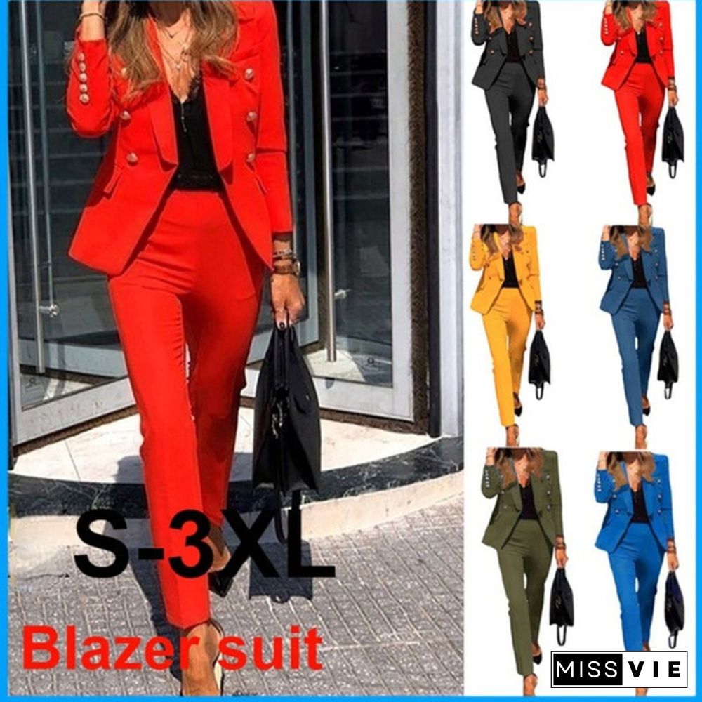 New Arrival Women's Fashion Two-Piece Casual Suits Blazer And Pants Set Office Lady Clothing Solid Color Plus Size