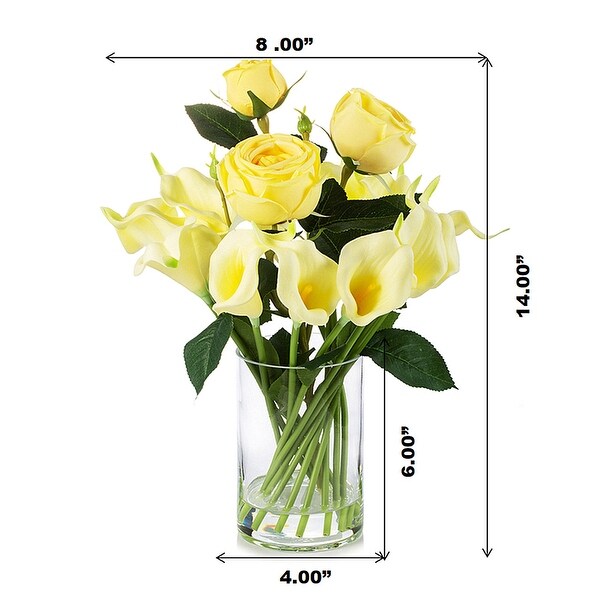 Enova Home Mixed Artificial Real Touch Lily and Rose Flower Arrangement in Clear Glass Vase with Faux Water For Home Decoration