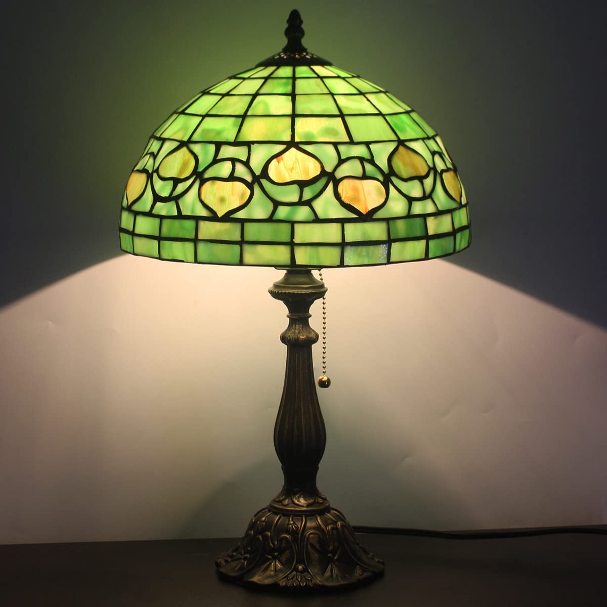 SHADY Tiffany Style Table Lamp W12H19 inch Green Stained Glass Antique Bedside Nightstand Desk Reading Lamp Work Study Desktop Light Decor Home Kids Bedroom Living Room Office Pull Chain