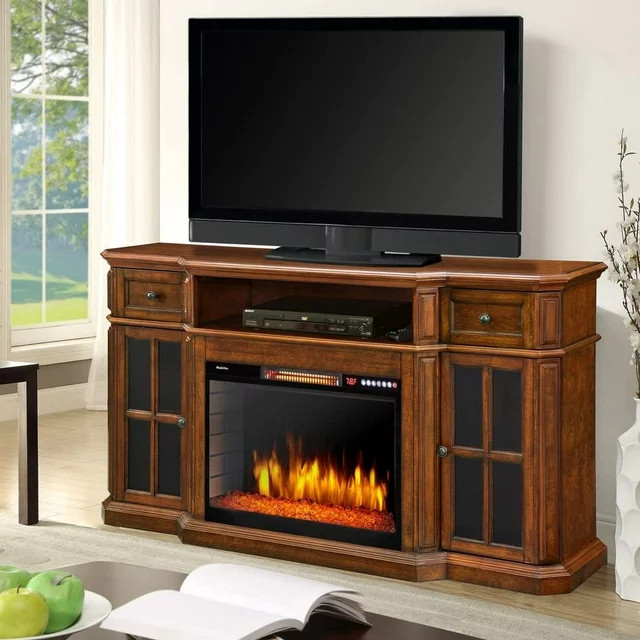 Electric Fireplace TV Stand  Windowpane Doors  ampRemote Control App  Aged Cherry   Transitional   Entertainment Centers And Tv Stands   by Declusia  Houzz